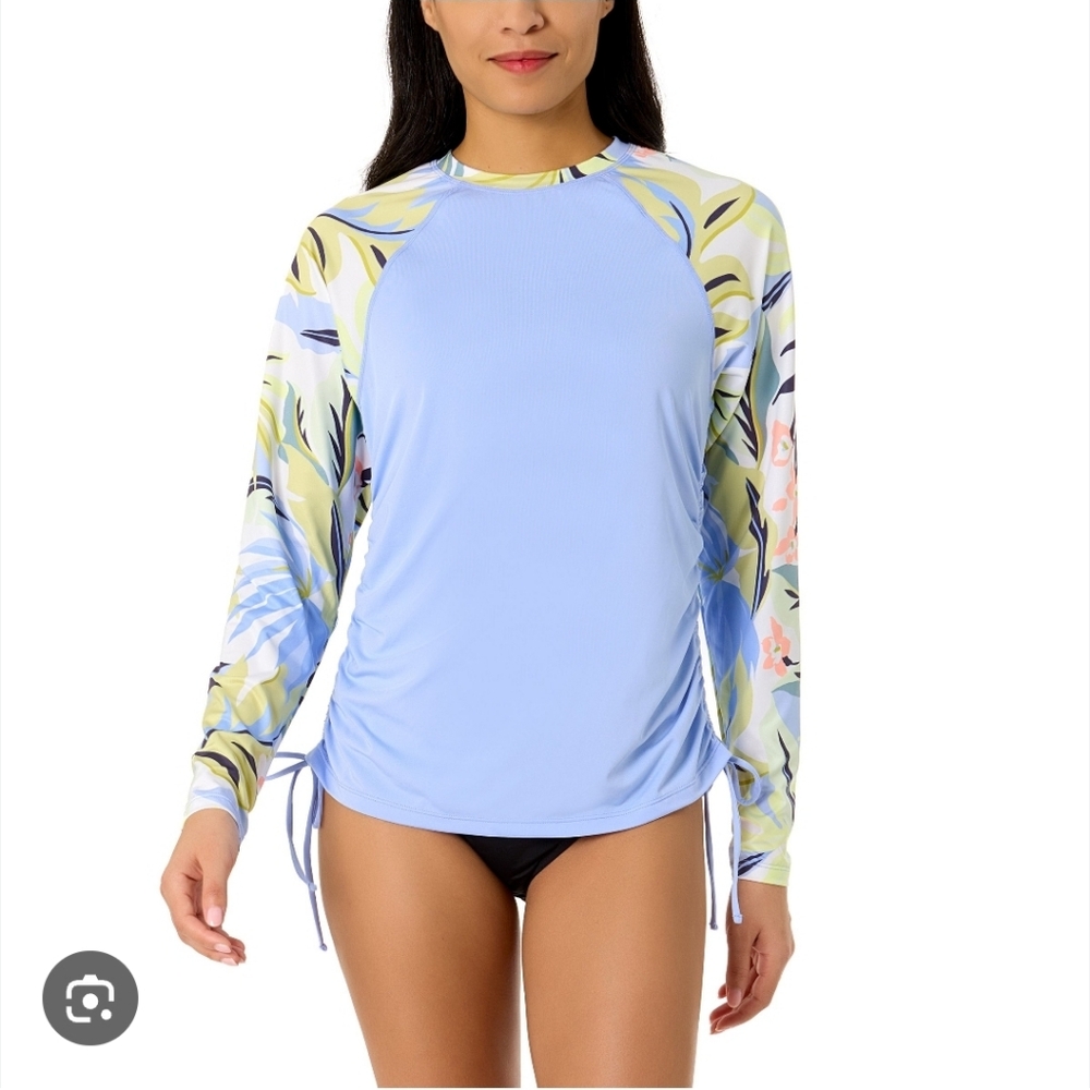 Hurley Light Blue Floral Long Sleeve Swim Top UPF 50, Size XS